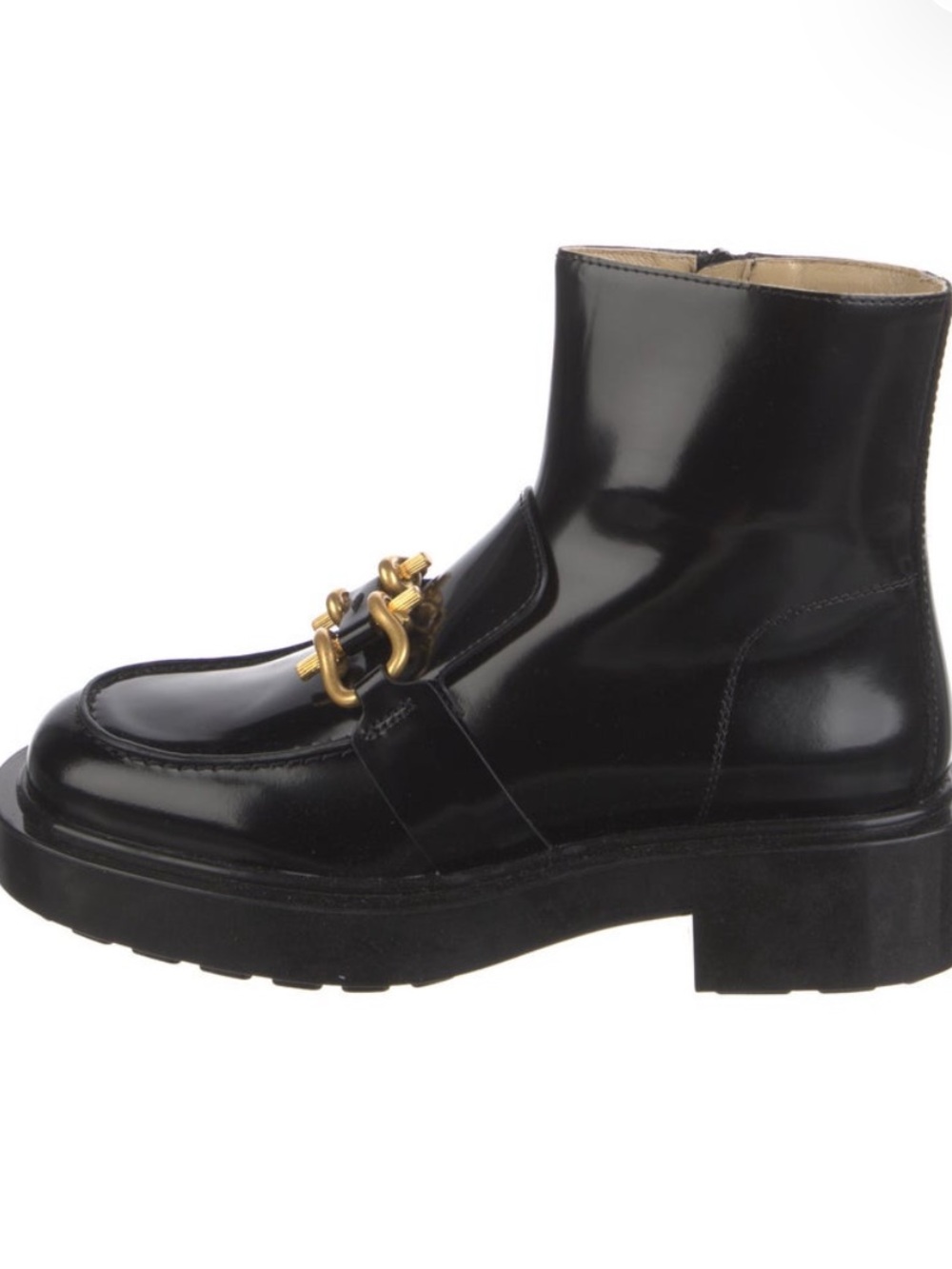 Bottega Veneta Black Patent Leather Ankle Boots with Gold Hardware Accent